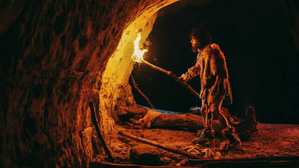 primeval caveman wearing animal skin exploring cave at night, holding torch with fire looking at drawings on the walls at night. cave art with petroglyphs, rock paintings. side view - fire caveman imagens e fotografias de stock