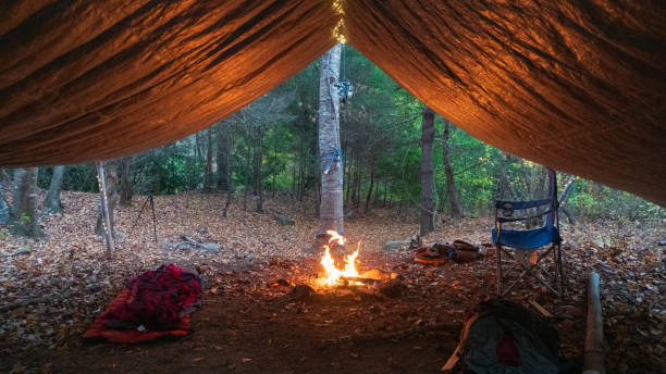 Primitive Tarp Shelter with campfire and fairy lights. Survival Bushcraft setup in the Blue Ridge Mountains near Asheville. During autumn / fall season. Primitive Tarp Shelter with campfire and fairy lights. Survival Bushcraft setup in the Blue Ridge Mountains near Asheville. During autumn / fall season. bushcraft stock pictures, royalty-free photos & images