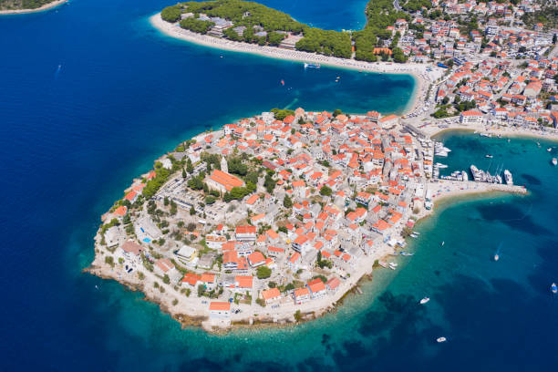 Primosten Old Town Aerial panorama of Primosten Old Town, Croatia peninsula stock pictures, royalty-free photos & images