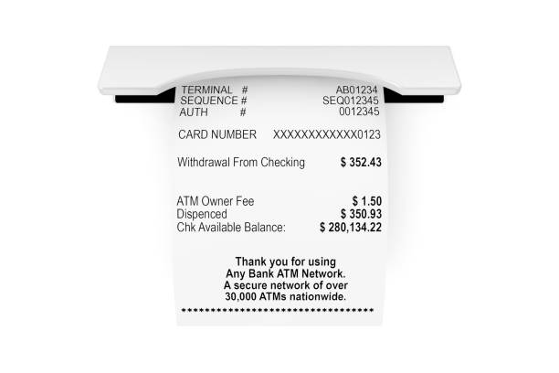 Printed Abstract Shopping Paper Bill Receipt ATM Mockup. 3d Rendering stock photo