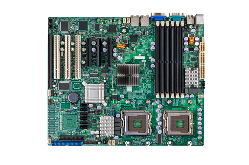 printed circuit motherboard for the server computer workstation, two-processor system isolated on a white background, computer Assembly and repair, selection of computer components