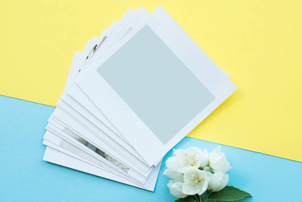 printed photos, polaroid cards, on a blue background with a white flower. Mock up printed photos, polaroid cards, on a blue background with a white flower. Mock up. flat lay photos stock pictures, royalty-free photos & images