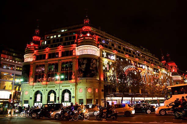 Printemps department store decorated for Christmas in Paris. stock photo
