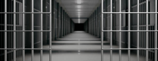 Prison interior. Jail cells and shadows, dark background. 3d illustration Prison interior. Jail bars open, empty corridor, cells, dark background. Escape, freedom concept, 3d illustration sentencing stock pictures, royalty-free photos & images