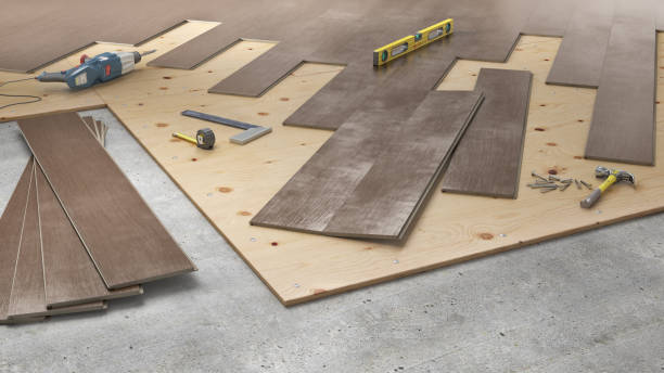 process of laying parquet boards on floor, 3d illustration - plastic hammers imagens e fotografias de stock