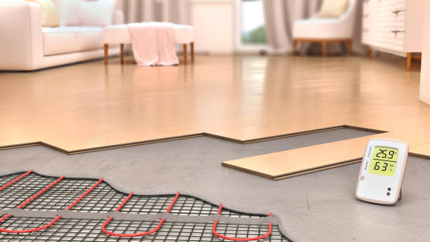 Process of laying parquet boards on floor with underfloor heating, 3d illustration stock photo