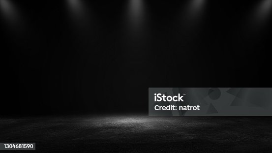 istock Product showcase with spotlight. Black studio room background. Use as montage for product display 1304681590