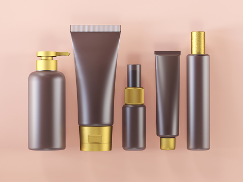 Model of jars and tubes for cosmetics in beige and gold