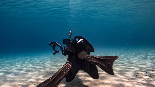 Professional diver, undersea cinematographer filming in coral reef of Caribbean Sea around Curacao stock photo