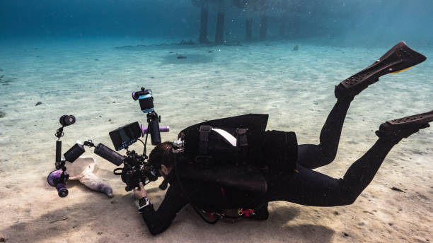 Professional diver, underwater cinematographer filming in coral reef of Caribbean Sea around Curacao stock photo