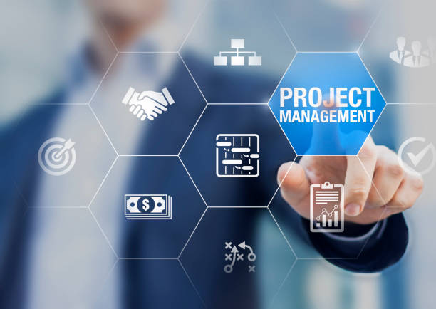 Professional project manager with icons about planning tasks and milestones on schedule, cost management, monitoring of progress, resource, risk, deliverables and contract, business concept stock photo