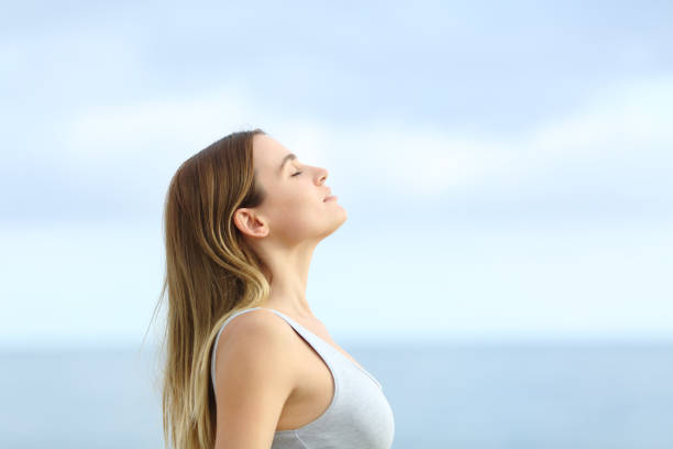 Profile of relaxed girl breathing fresh air on the beach Profile of relaxed girl breathing deeply fresh air on the beach with a blue sky in the background inhaling stock pictures, royalty-free photos & images