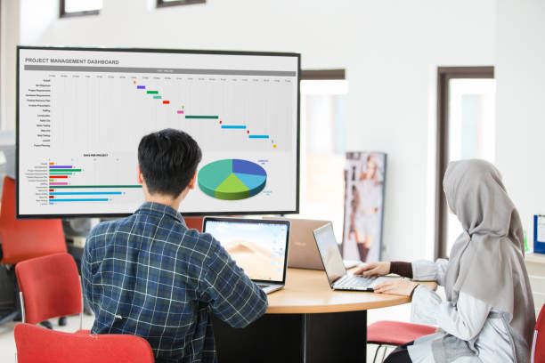 Project management dashboard concept. Man and woman having discussion about project manajement at office. stock photo