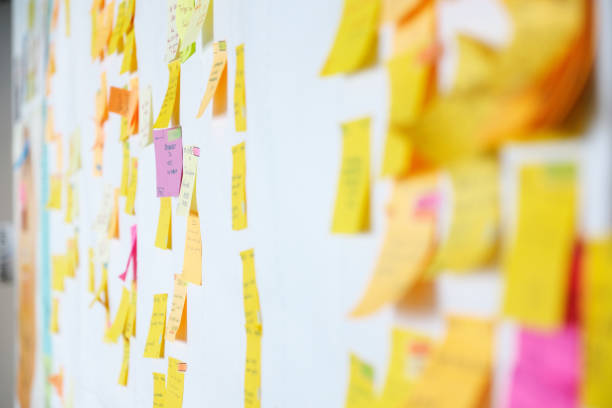 Project Planning, Sticky Notes Wall full of multi colored adhesive, sticky notes, project planning. whiteboard visual aid stock pictures, royalty-free photos & images