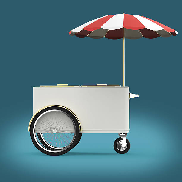 Promotion counter on wheels with umbrella, food, ice cream, hot Promotion counter on wheels with umbrella, food, ice cream, hot dog push cart Retail Trade Stand Isolated  3d render push cart stock pictures, royalty-free photos & images