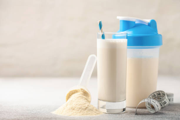 Protein sport shake and powder . Fitness food and drink. Diet stock photo