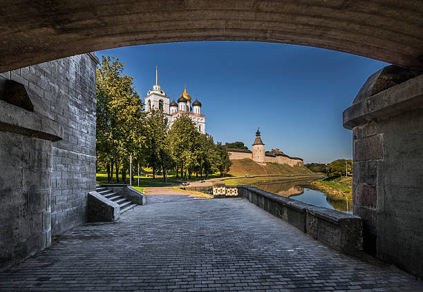 Pskov Kremlin. Holy Trinity Cathedral and bell tower. Pskov, Russia - August 24, 2015: The Pskov Kremlin. The Holy Trinity Cathedral. pskov russia stock pictures, royalty-free photos & images