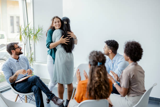 Psychological support during group therapy stock photo