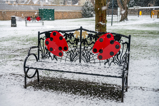 Public park in the snow.  This is one of the seats beside the maze with a wrought iron generic ladybird pattern.