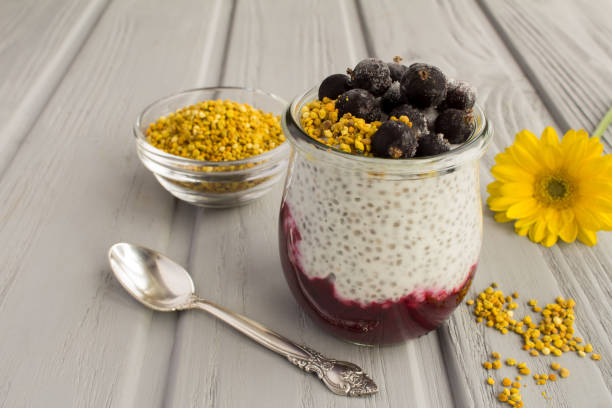 Pudding with chia seed, black currant  and  bee pollen on the gray wooden background. Close-up. stock photo