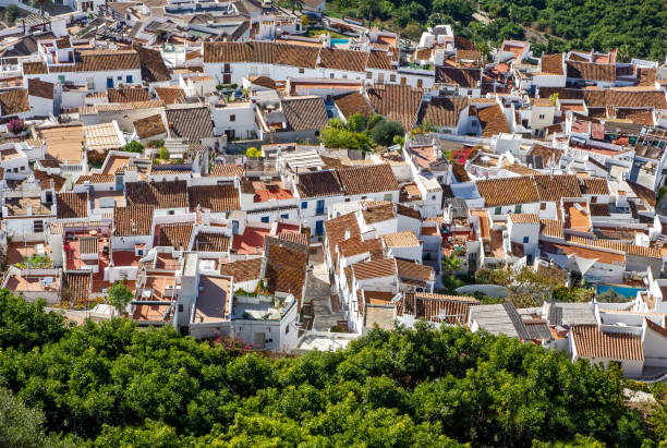 Pueblos blancos in Spain. Top view of typical white houses in Andalusia, Frigiliana, Spain. stock photo