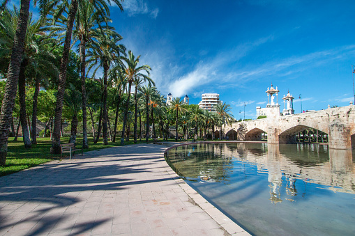 Puente de la Mar (Sea Bridge) at Turia Riverbed Park (Jardín del Turia - Tramo VIII) in Valencia, Spain. After a devastating flood in 1589, the destroyed wooden structure was replaced by a baroque style one between 1592-96
