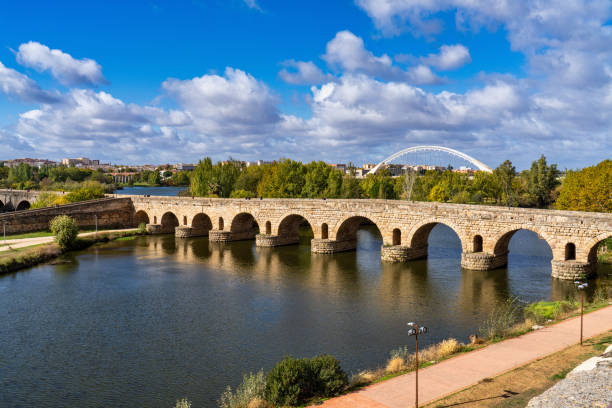 Puente Romano, the Roman Bridge in Merida, Extremadura, Spain. stock photo
