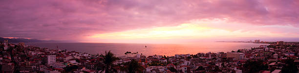 Puerto Vallarta Pirate Ship Sunset Panorama stock photo