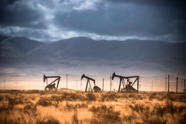 Pumpjack lifts oil from a well in California Lost Hills: A pumpjack is the overground drive for a reciprocating piston pump in an oil well. oil field stock pictures, royalty-free photos & images