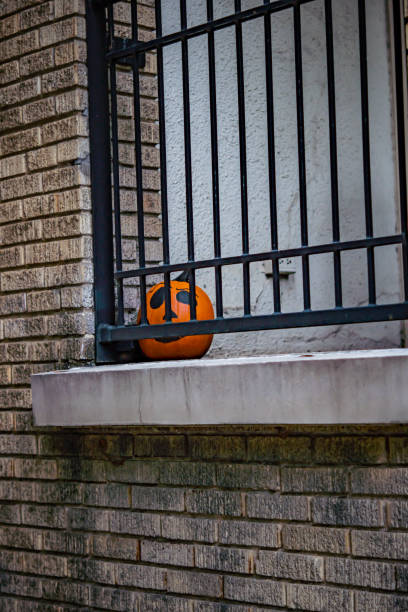 Pumpkin hiding on porch stock photo