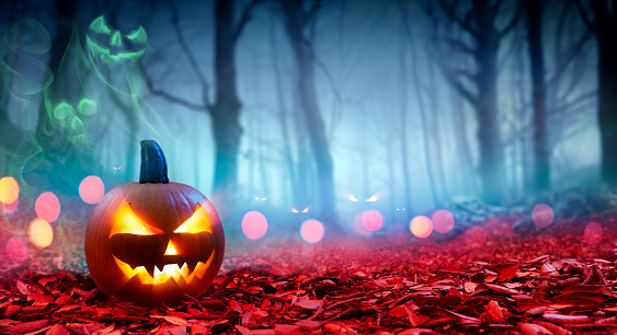 Pumpkin On Red Leaves In Spooky Forest With Ghost Smoke - Halloween