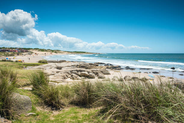 Punta del Diablo Beach, province Rocha "u2013 popular tourist site and fisherman's place in the Uruguay Coast stock photo