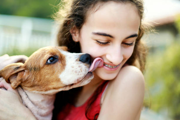 子犬キス十代の少女 - 犬　少女 ストックフォトと画像