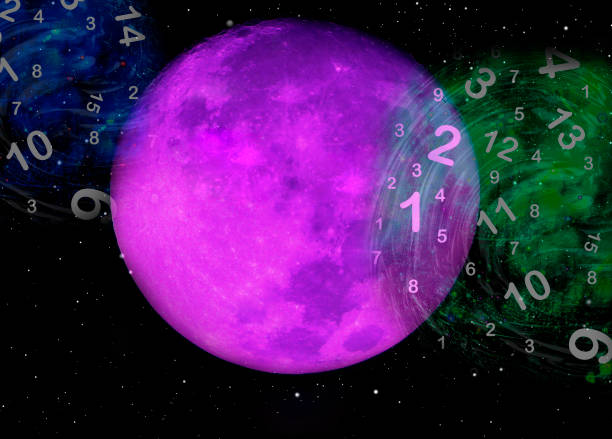 purple moon in space and numerological spheres - numerologia imagens e fotografias de stock