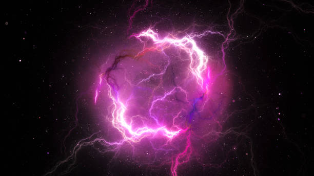 Purple plasma lightning in space stock photo