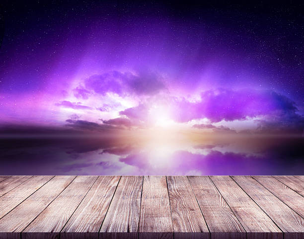 purple sky with wooden stand stock photo