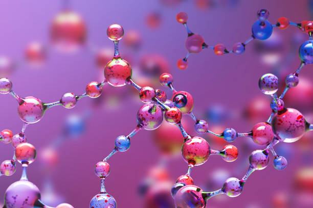 Purple transparent molecule model over purple Transparent blue and purple abstract molecule model over blurred blue and purple molecule background. Concept of science, chemistry, medicine and microscopic research. 3d rendering copy space molecule stock pictures, royalty-free photos & images