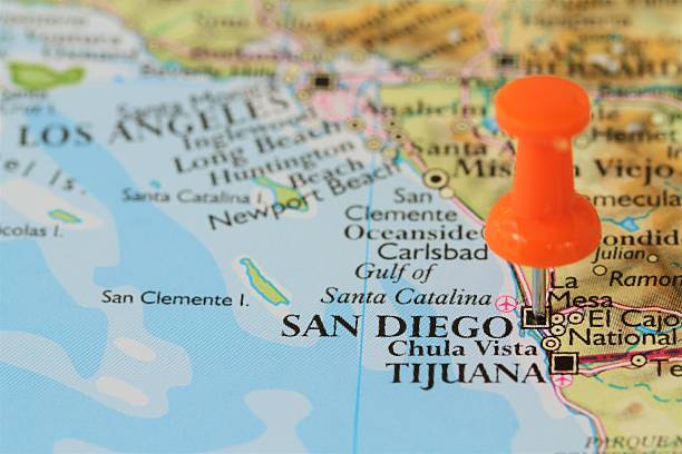 push pin on map of  san diego, california usa - tijuana stok fotoğraflar ve resimler