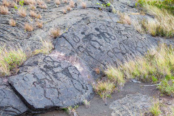 Pu‘uloa Petroglyphs Big island Hawaii stock photo