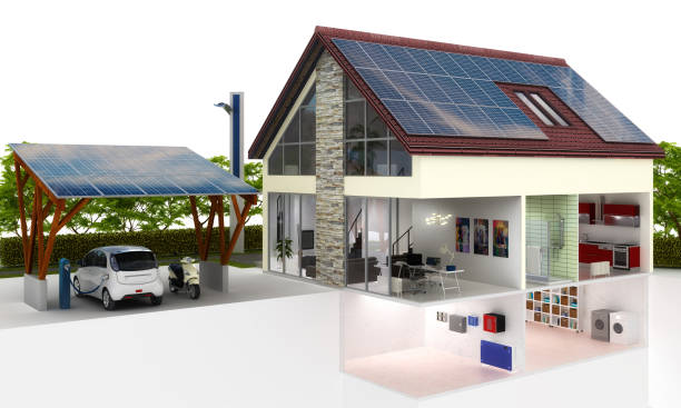 PV-Solutions at a family house - 3d illustration stock photo