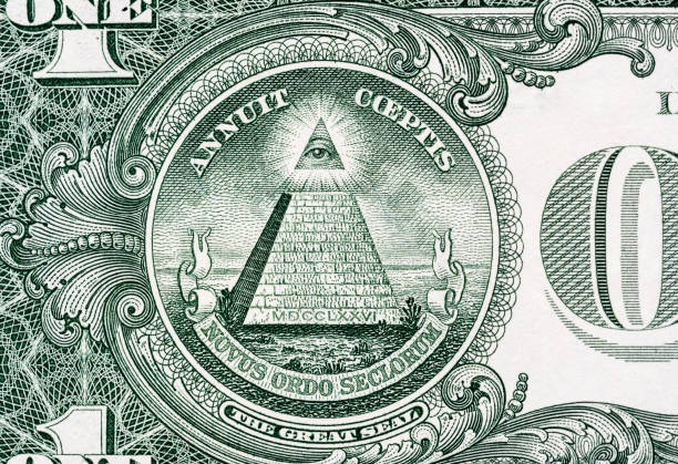 Pyramid macro close-up on a banknote of 1 US dollars. Detail of one dollar bill. Big large size. stock photo