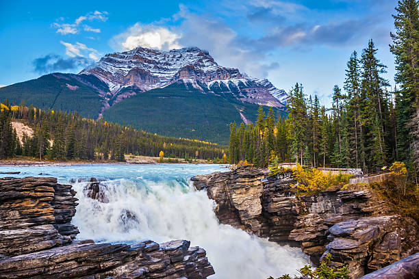 Pyramidal mountain and waterfall Athabasca stock photo