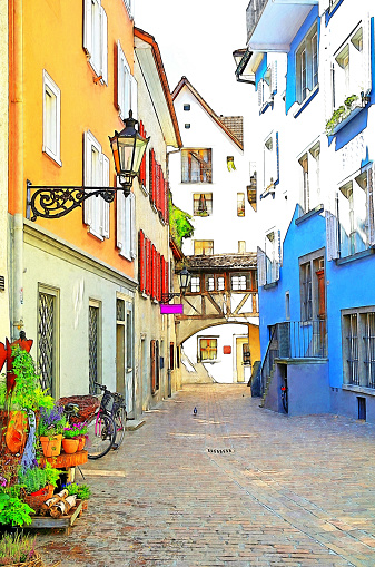 Quaint Austrian town with cobblestone street and colorful storefronts with illustrative effect.