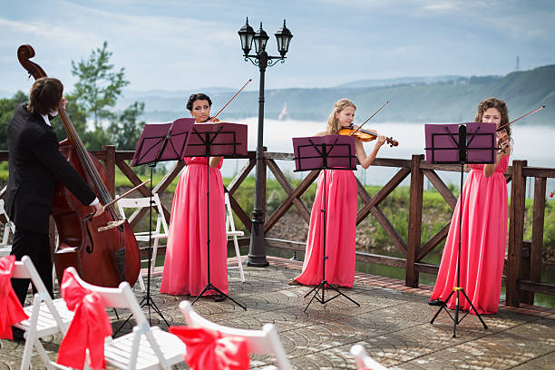 Quartet of classical musicians playing at a wedding stock photo