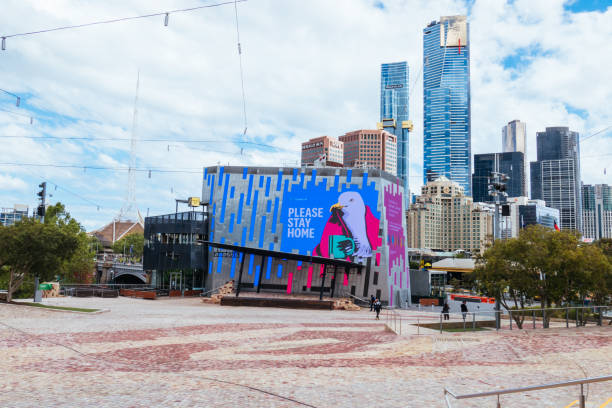 Quiet Melbourne Streets During Coronavirus Pandemic Melbourne, Australia - October 10th 2020: Federation Square in Melbourne is quiet and empty during the Coronavirus pandemic and associated lockdown. federation square stock pictures, royalty-free photos & images