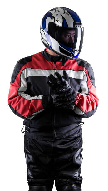 Race Car Driver or Motorcycle Biker on White Background stock photo
