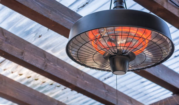 Radiant heater on the ceiling of a terrace roofing outside heater infrared stock pictures, royalty-free photos & images
