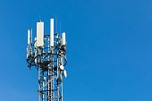 istock 5G radio network telecommunication equipment with radio modules and smart antennas mounted on a metal on blue sky background. 1317839701
