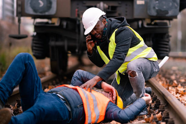 Railroad engineer injured in an accident at work Railroad engineer injured in an accident at work on the railway tracks. Coworker calling for help first aid stock pictures, royalty-free photos & images