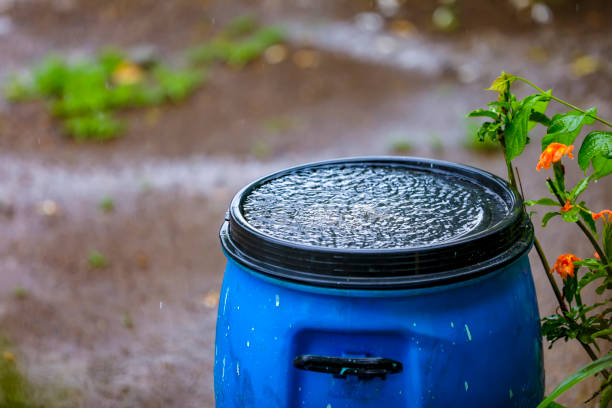 regenwater dat in plastic tank valt - save water bucket stockfoto's en -beelden